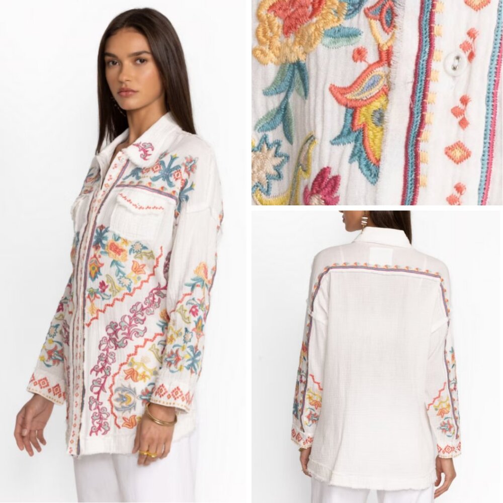Johnny Was Toyah Blouse in White w/ Multicolor Embroidery, Size XS